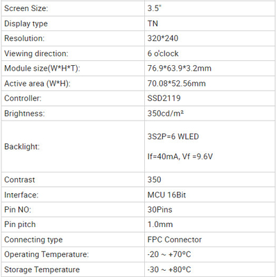 3.5 Inch Resolution 320X240 MCU 16 Bit Parallel Interface Driver IC SSD2119 Landscape Type LCD Display Module